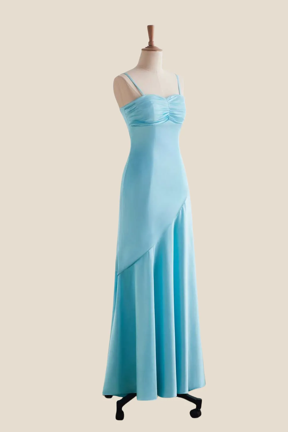 Straps Aqua Ruched Long Dress with Slit