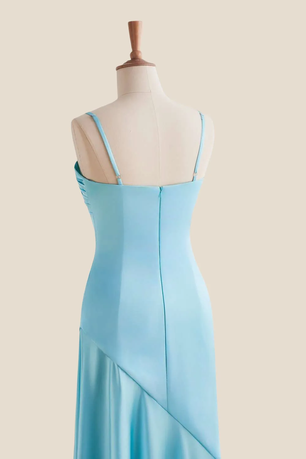 Straps Aqua Ruched Long Dress with Slit