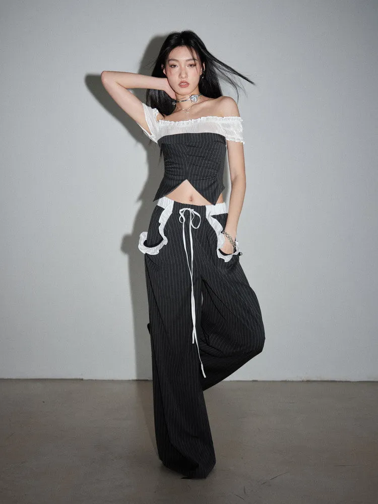 Stripe Frill Bi-Color High-Waist Wide-Pants