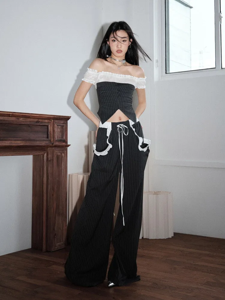 Stripe Frill Bi-Color High-Waist Wide-Pants