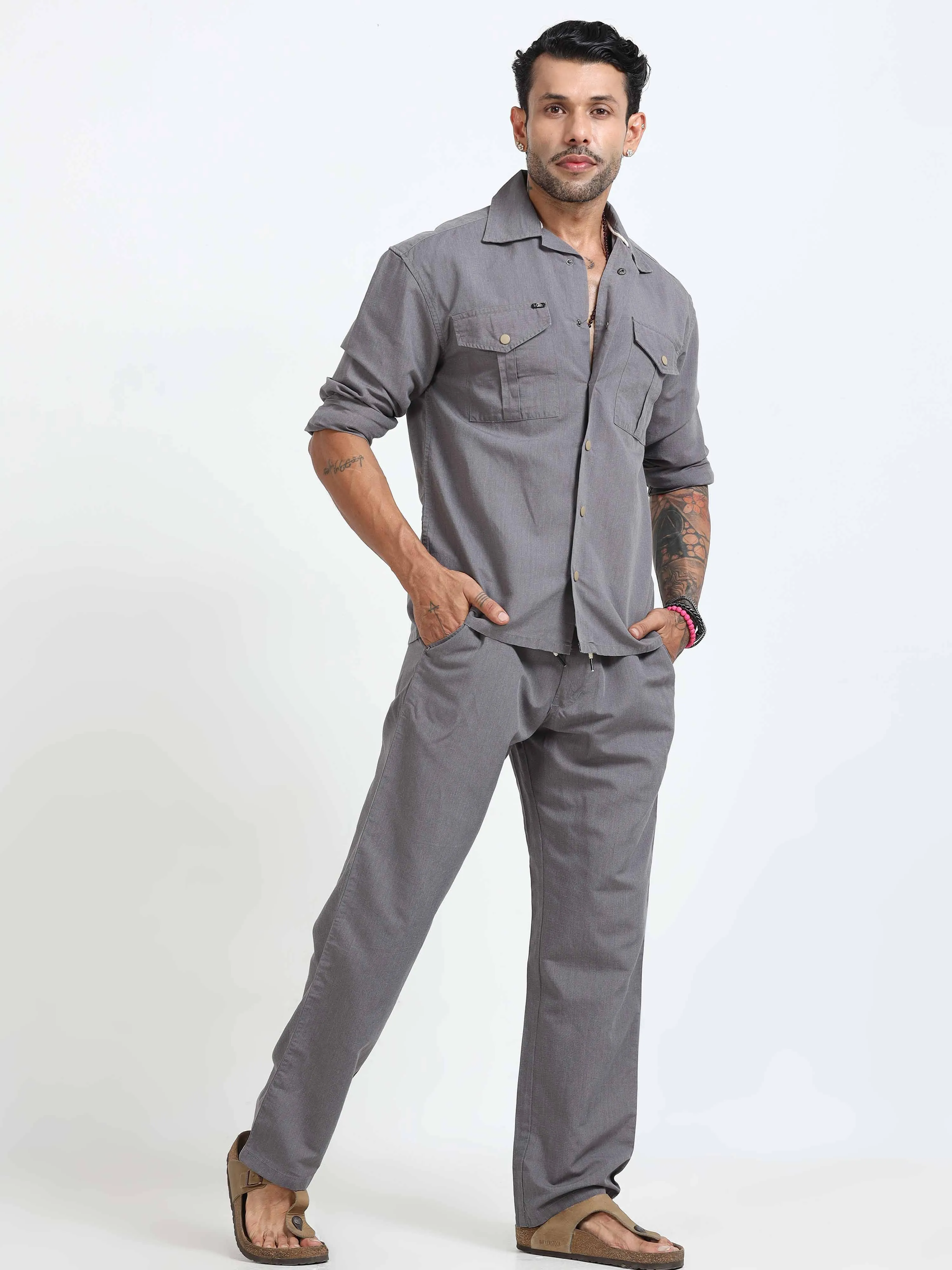 Style Shield Linen Shacket In Grey