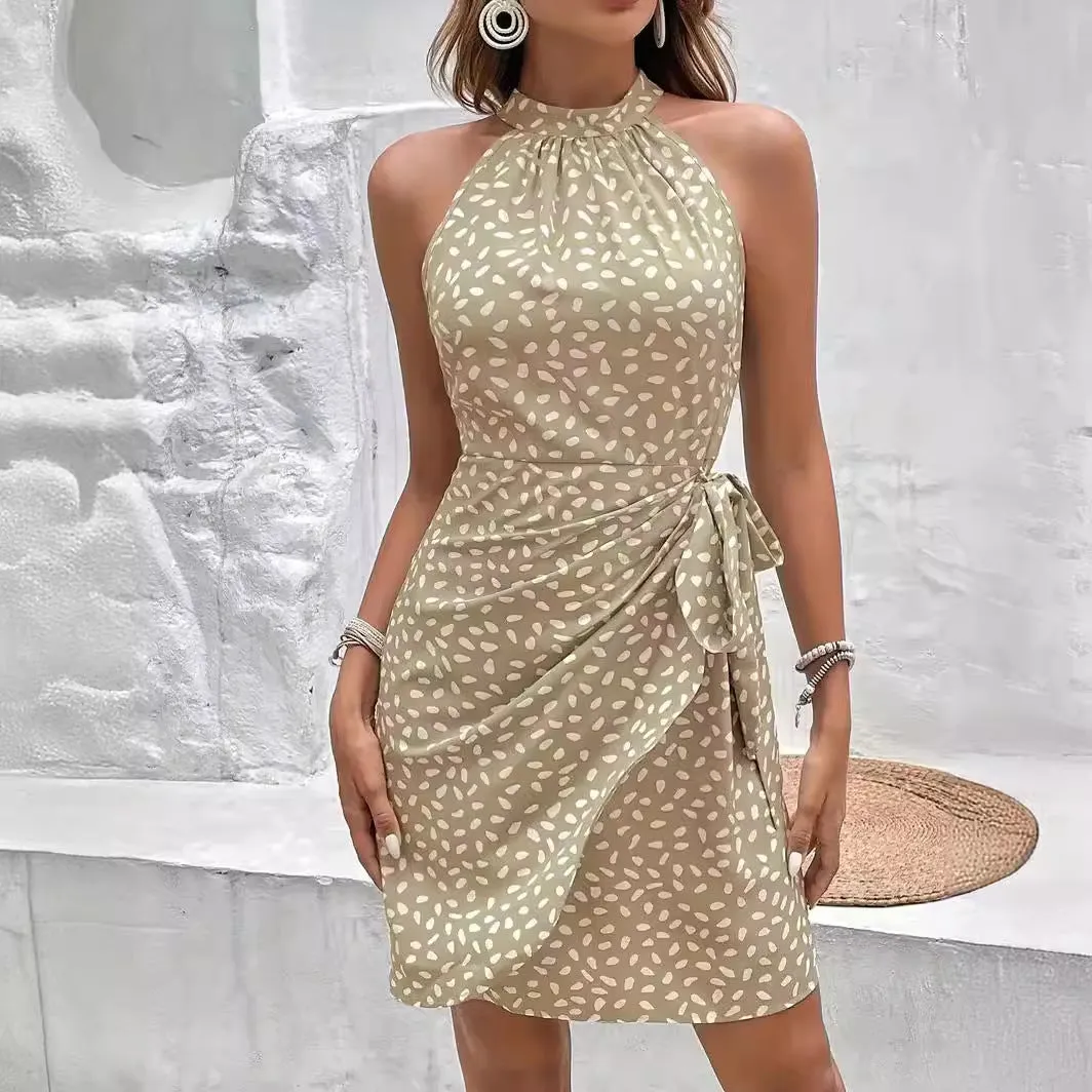 Summer Dots Halterneck Dress With Tied-Waist Design Dress