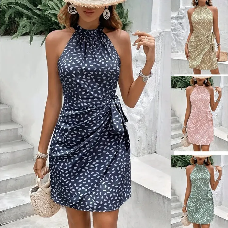 Summer Dots Halterneck Dress With Tied-Waist Design Dress