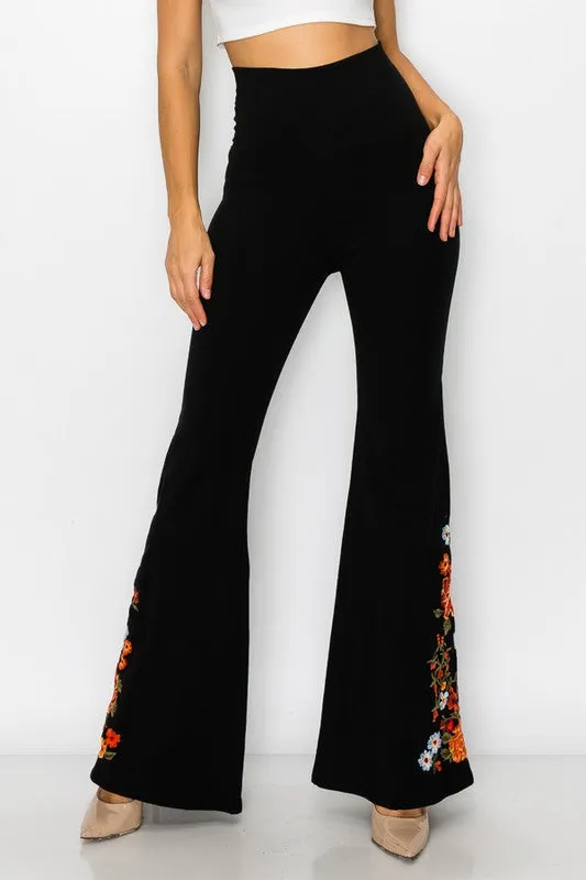 T-Party Floral Embroidery Flare Foldover Tall Pants - Black