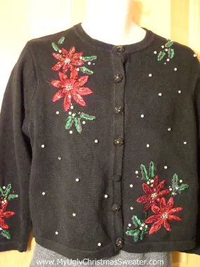 Tacky Cheap Ugly Christmas Sweater with Bling Poinsettias (f681)