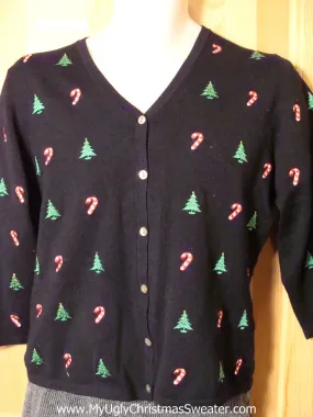 Tacky Cheap Ugly Christmas Sweater with Candy Canes and Trees on Front and Back (f657)