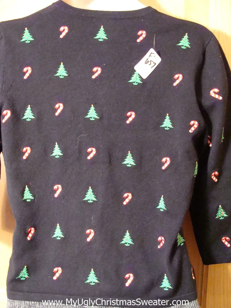 Tacky Cheap Ugly Christmas Sweater with Candy Canes and Trees on Front and Back (f657)