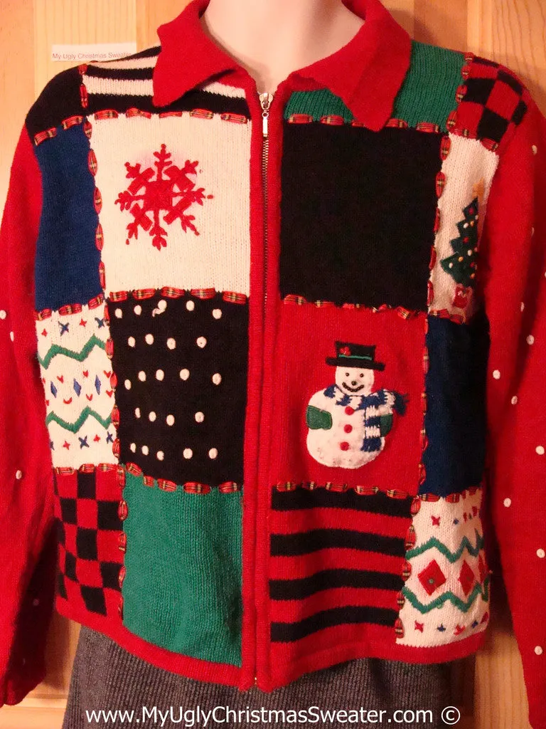 Tacky Christmas Sweater Party Ugly Sweater Snowmand and Snowflake in a Grid of Patchwork Stripes and Checkerboard (f883)