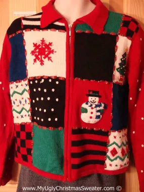 Tacky Christmas Sweater Party Ugly Sweater Snowmand and Snowflake in a Grid of Patchwork Stripes and Checkerboard (f883)