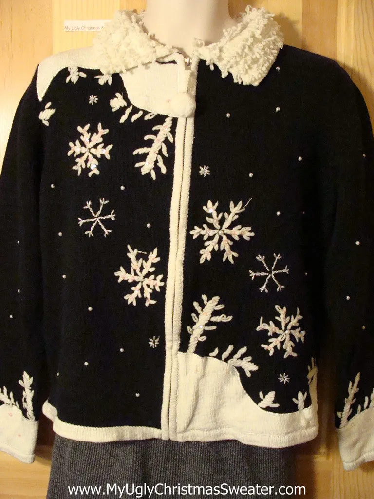 Tacky Fantastic Ugly Christmas Sweater with Snowflakes and Pom Pom Zipper Pull (f693)