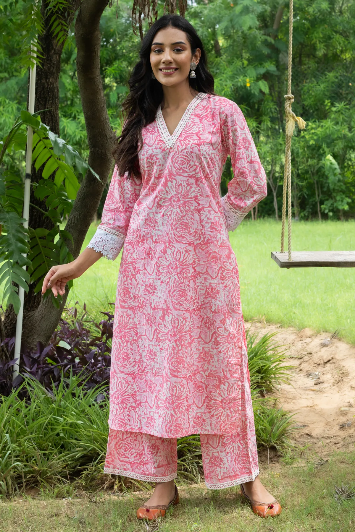 Triya Pink Block Print Lace Kurta and Pants - Set