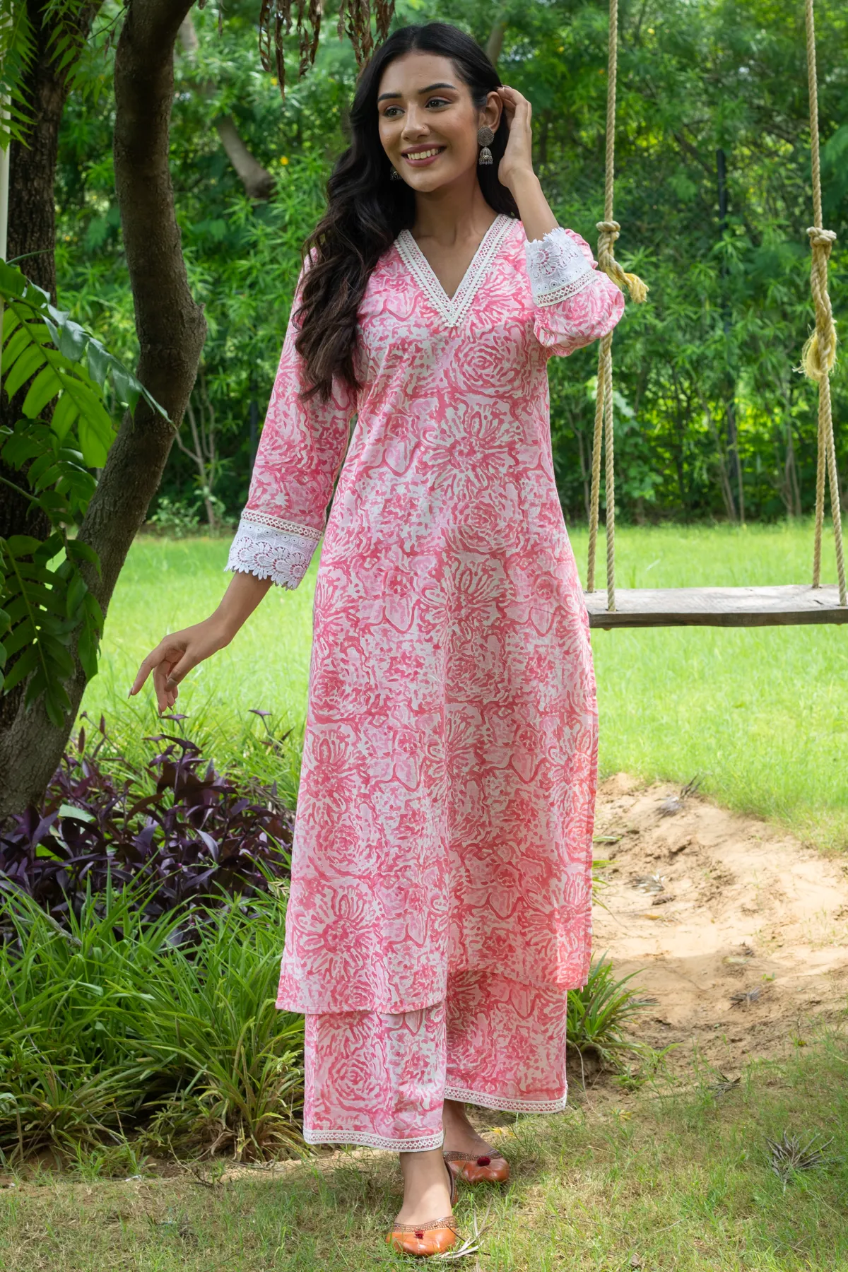 Triya Pink Block Print Lace Kurta and Pants - Set