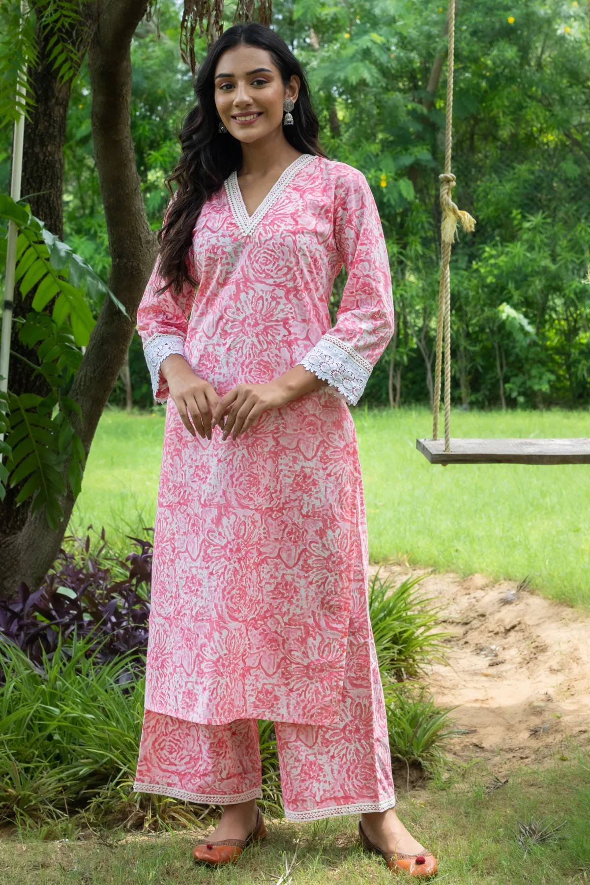 Triya Pink Block Print Lace Kurta and Pants - Set