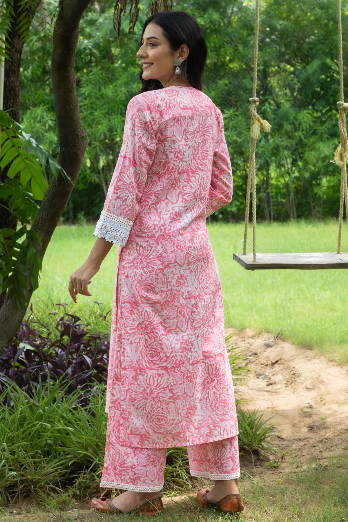 Triya Pink Block Print Lace Kurta and Pants - Set