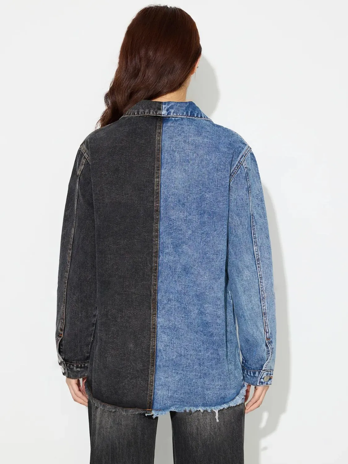 Two-tone Oversized Contrasting Denim Button-Up Jean Jacket Frayed Raw Hem Top