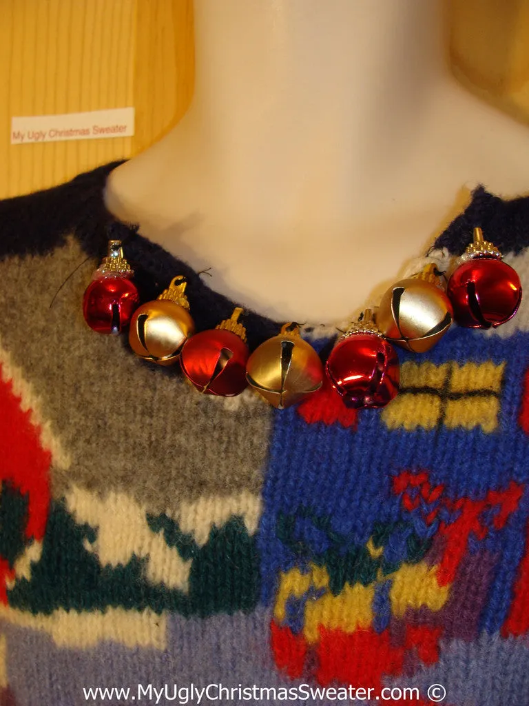 Ugly Christmas Sweater Party 80s Sweater with Jingle Bells and Skating Girl (f1223)