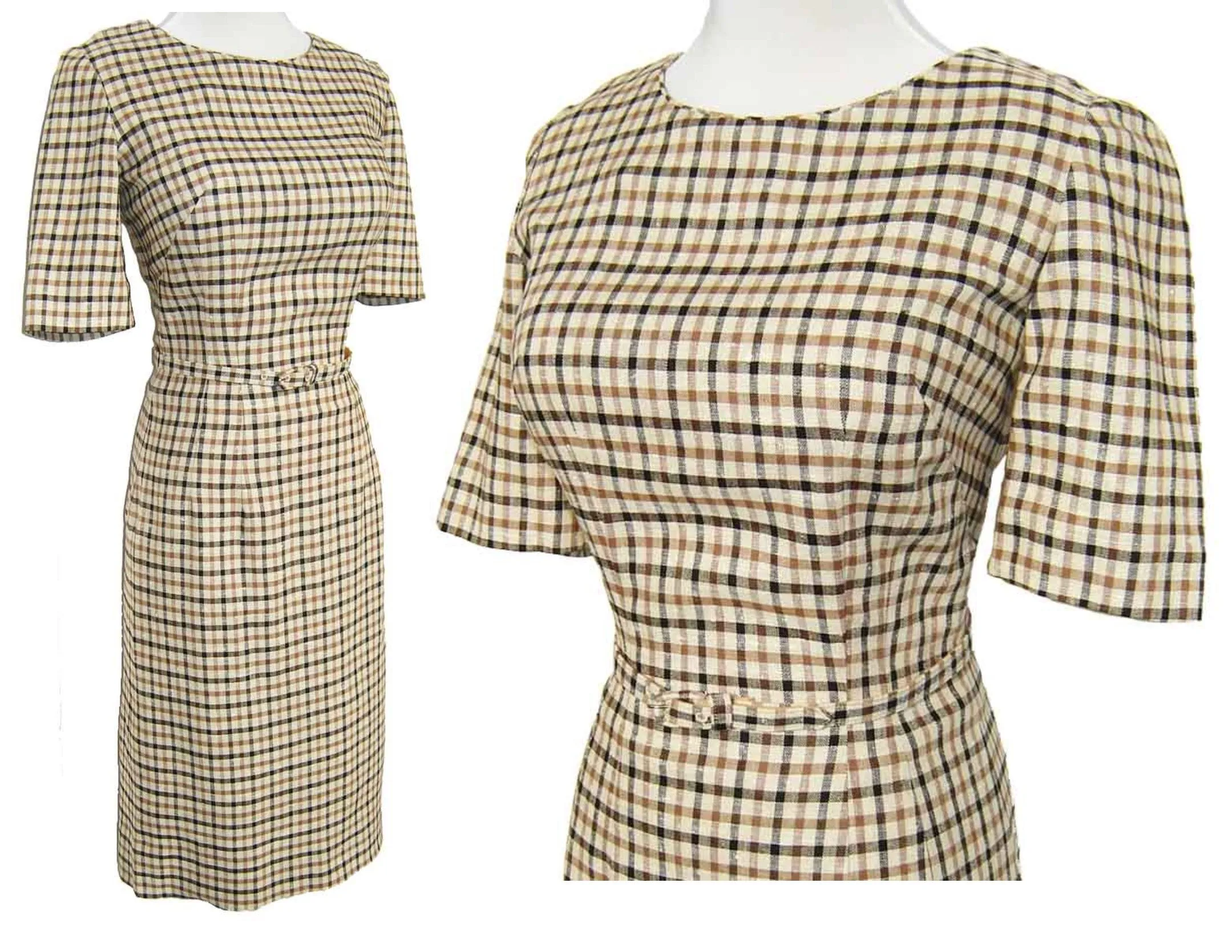 Vintage 60s Dress Vera Maxwell Windowpane Plaid S / M