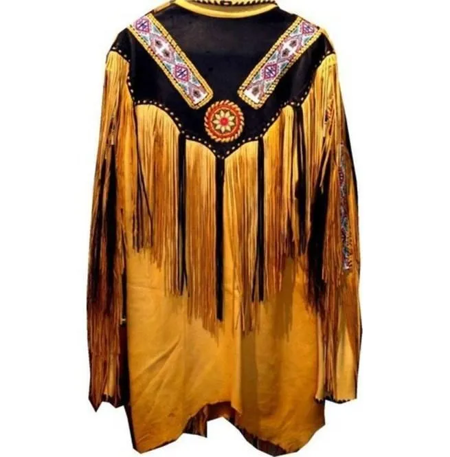 Western Tan Leather Jacket, Fringes Beads American Cowboy Jacket