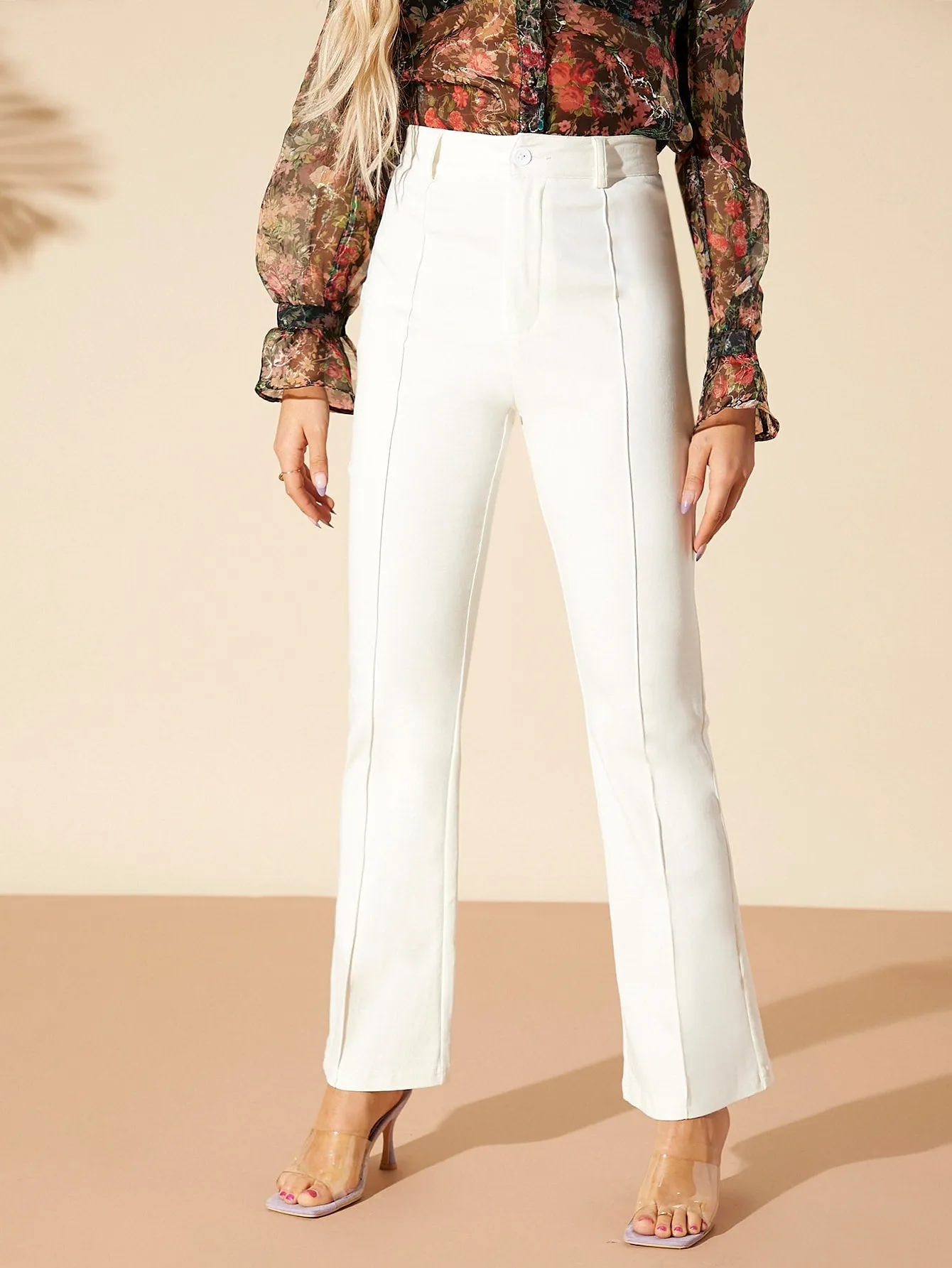 White Seam Front High Waist Tailored Pants