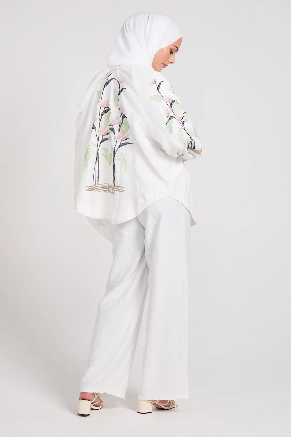 White Tropical Floral Embroidered Co-Ord Set