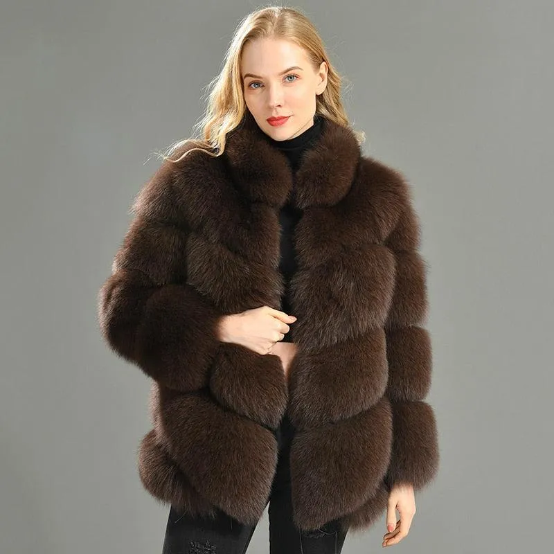 Winter Natural Real Fox Fur Coat For Women with Stand Collar