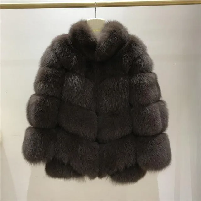 Winter Natural Real Fox Fur Coat For Women with Stand Collar