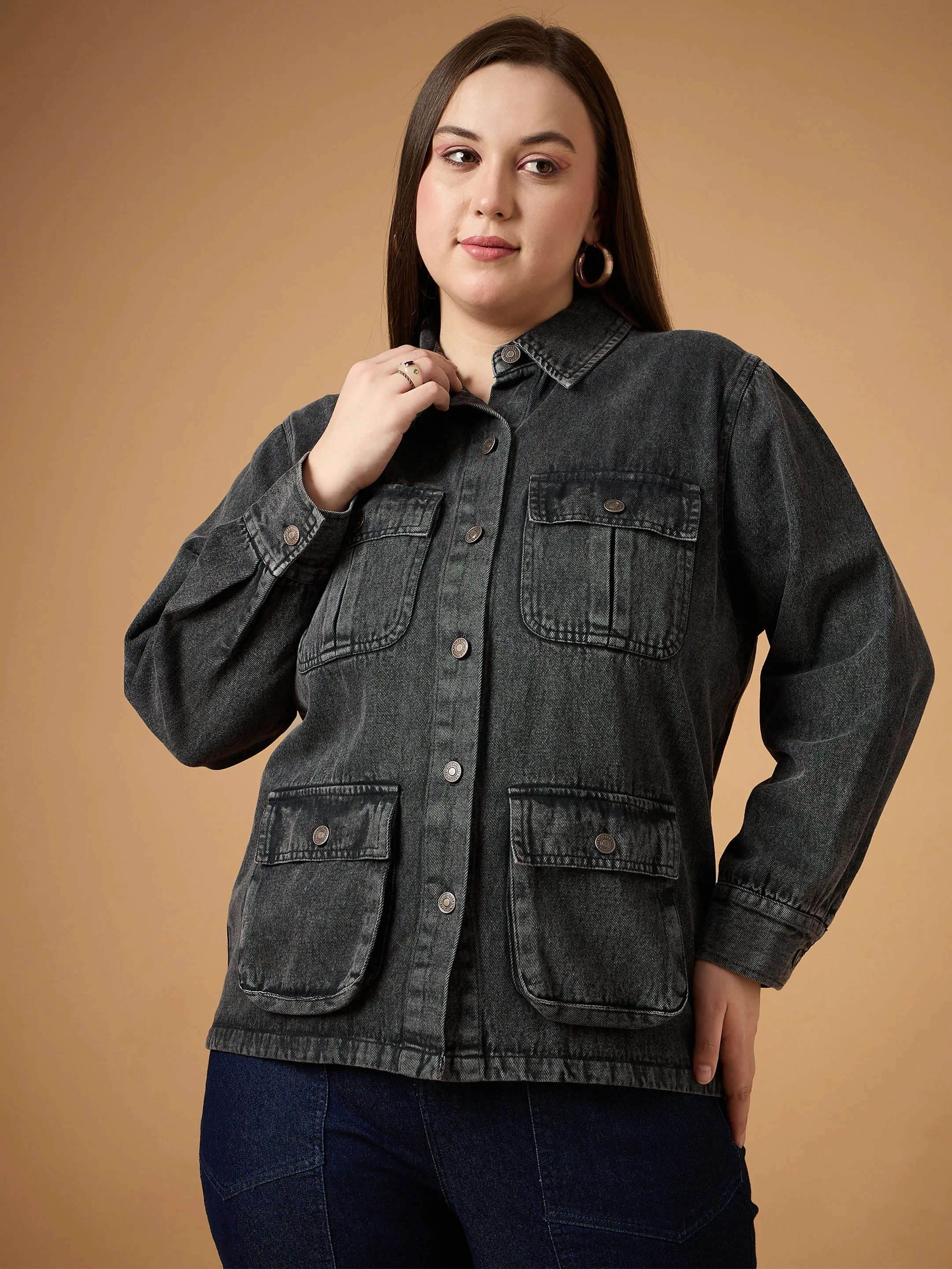 Women Black Acid Denim Wash Shacket