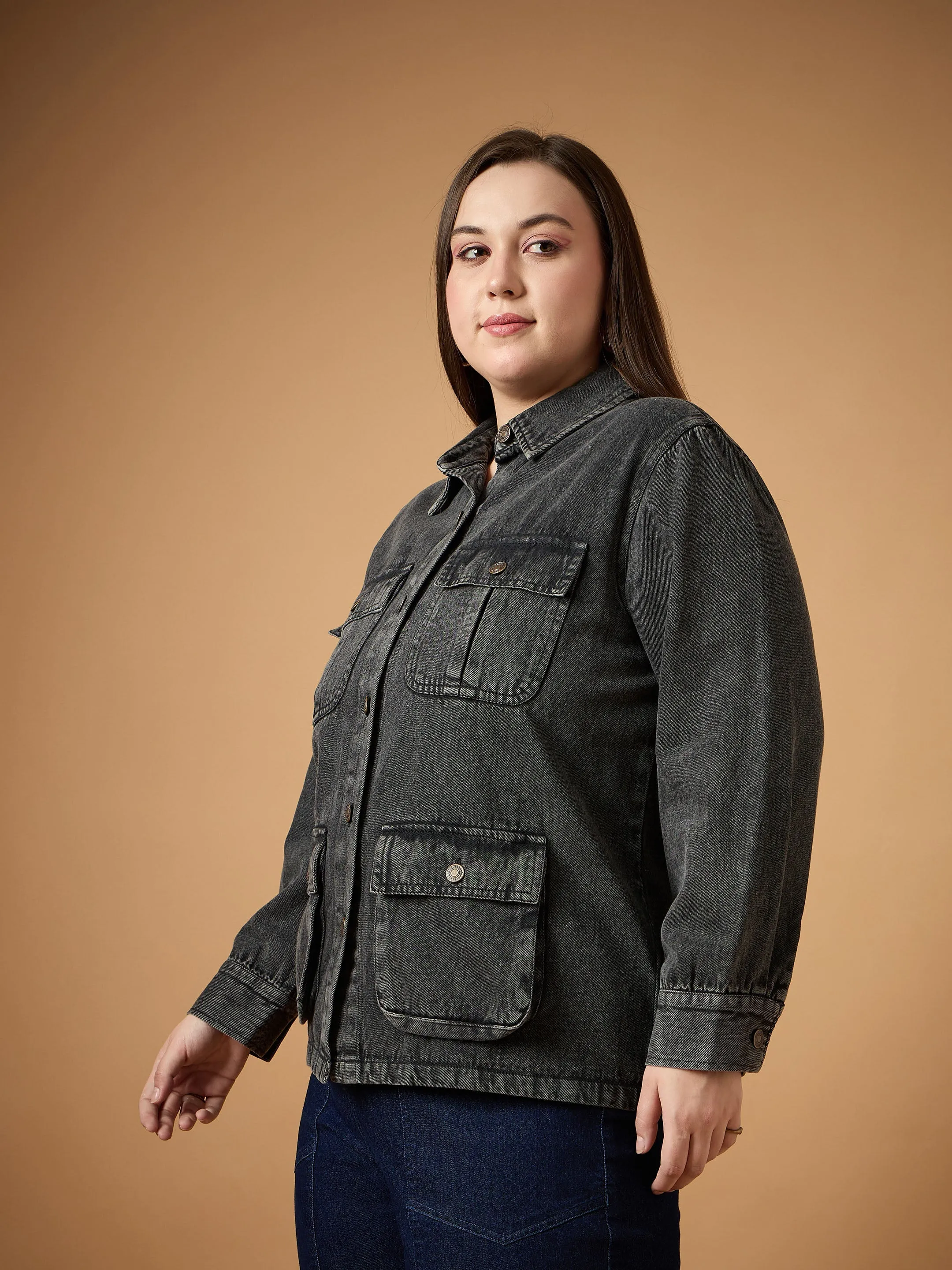 Women Black Acid Denim Wash Shacket