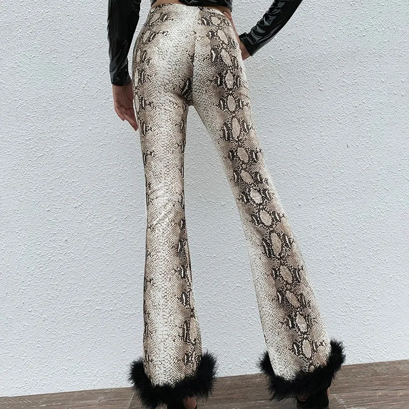 Women's Autumn High Waist Flare Pants With Snakeskin Print