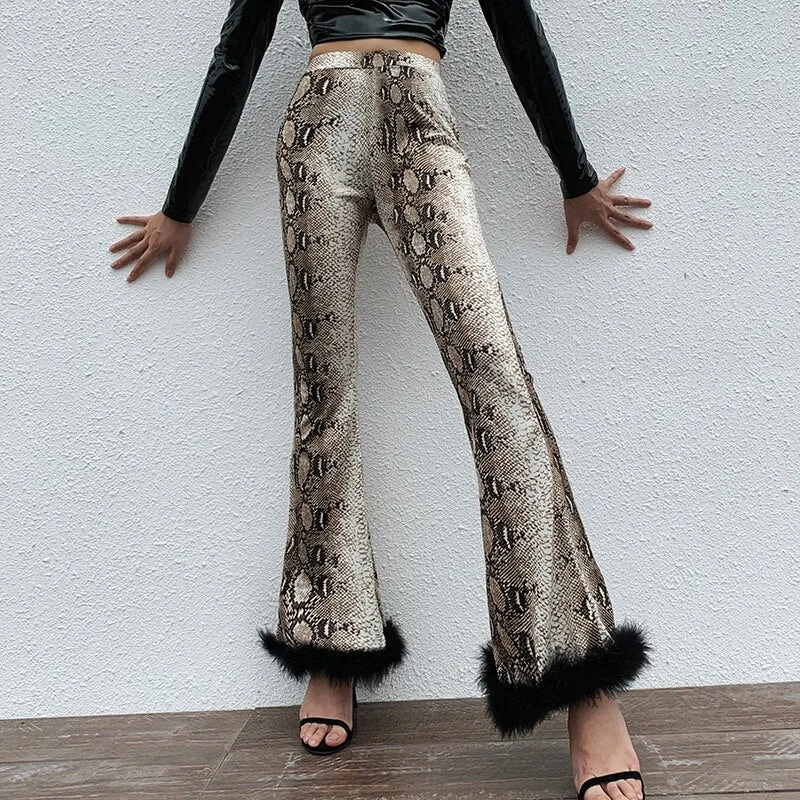 Women's Autumn High Waist Flare Pants With Snakeskin Print