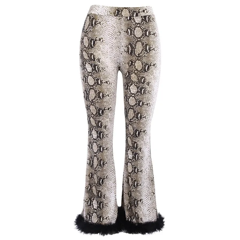 Women's Autumn High Waist Flare Pants With Snakeskin Print