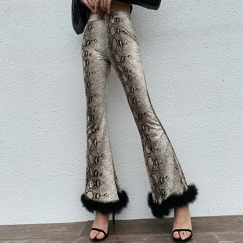 Women's Autumn High Waist Flare Pants With Snakeskin Print