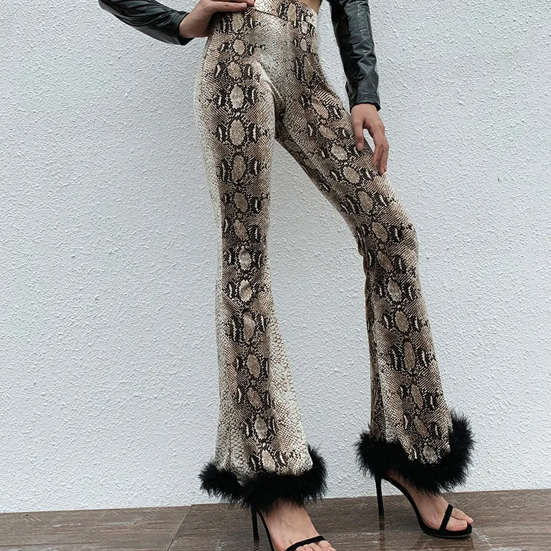 Women's Autumn High Waist Flare Pants With Snakeskin Print