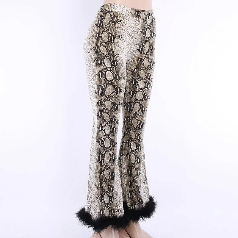 Women's Autumn High Waist Flare Pants With Snakeskin Print