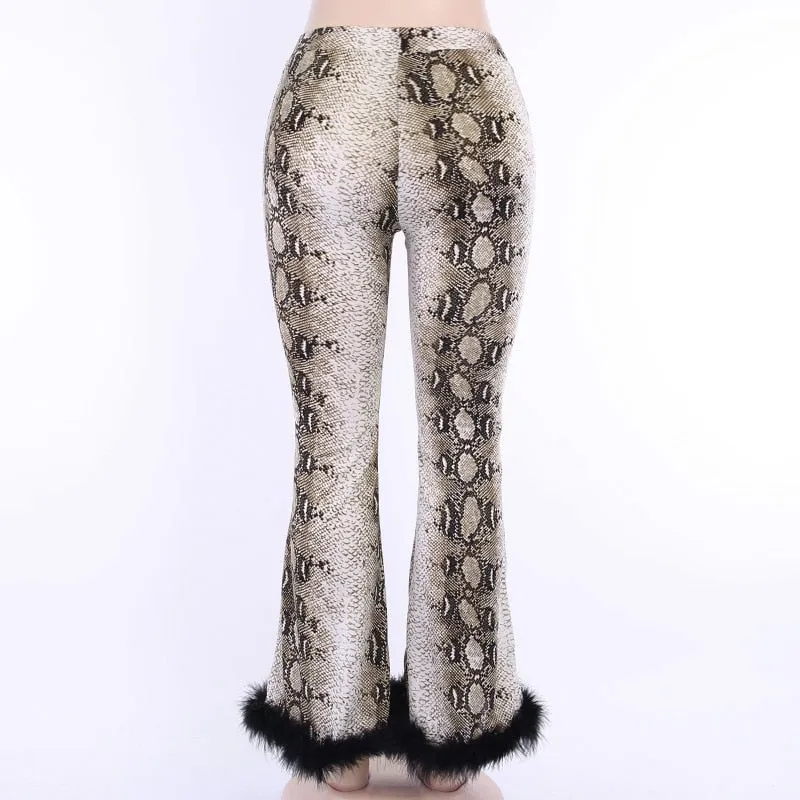 Women's Autumn High Waist Flare Pants With Snakeskin Print