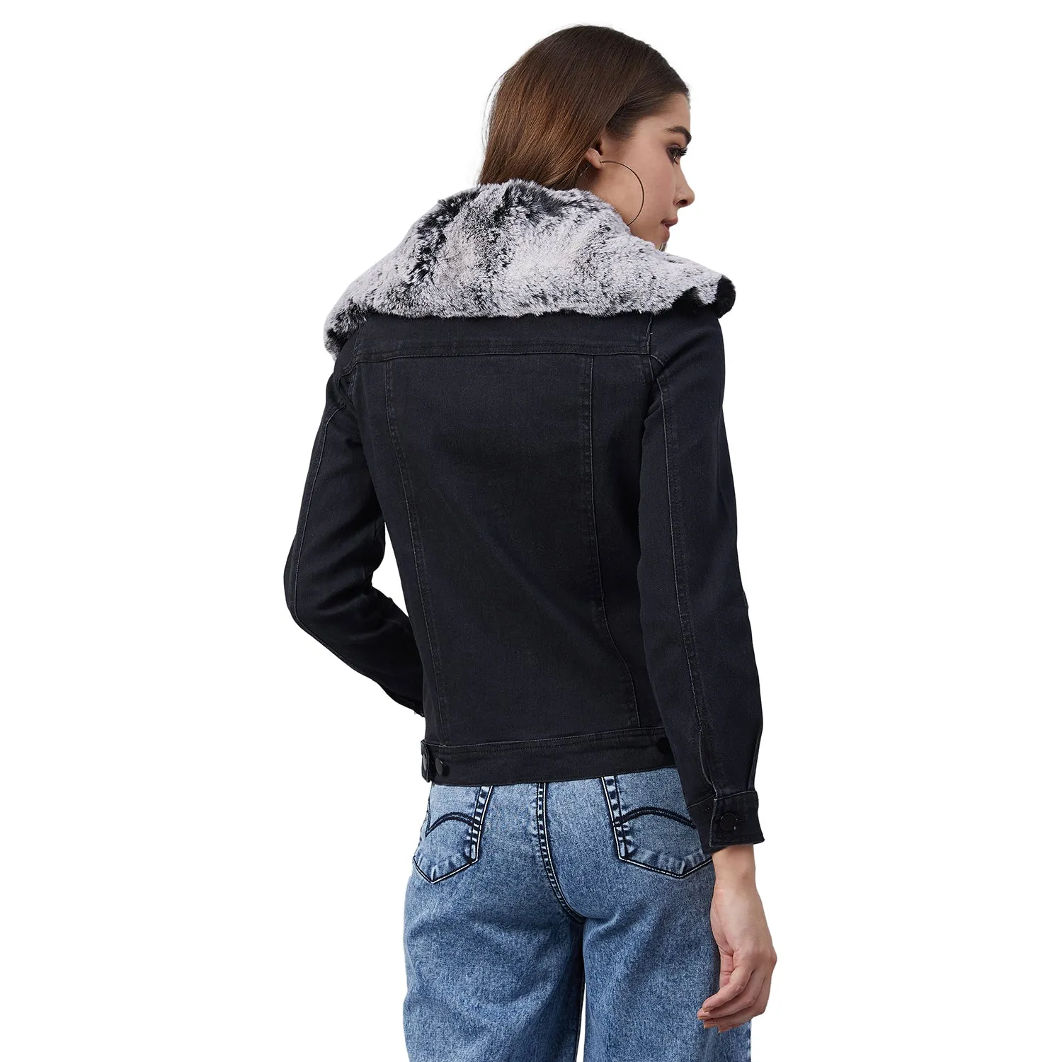 Women's Black Denim Jacket with Detachable Grey Collar - StyleStone