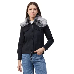 Women's Black Denim Jacket with Detachable Grey Collar - StyleStone