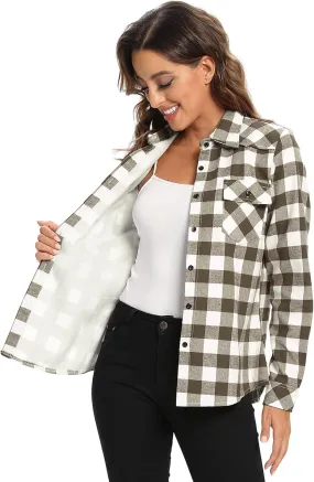 Women'S Flannel Shirts Plaid Shacket, Long Sleeve Fleece Lined Shirt Jacket Winter Tops