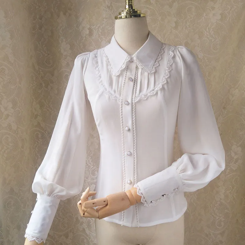 Women's Gothic Chiffon Button Down Blouse White/Black Lolita Shirt with Pointed Collar