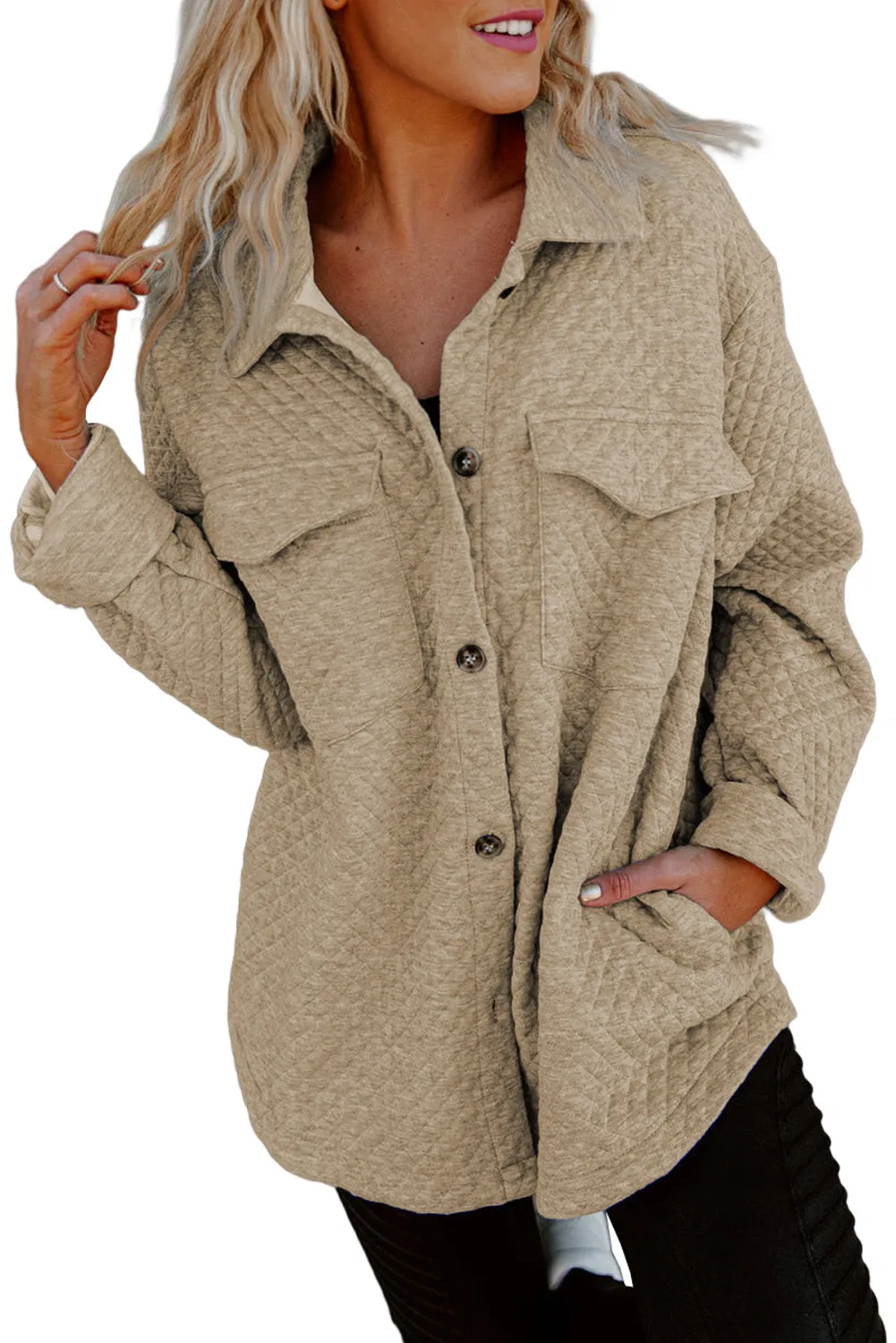 Women's Lattice Texture Retro Flap Pocket Button Shacket