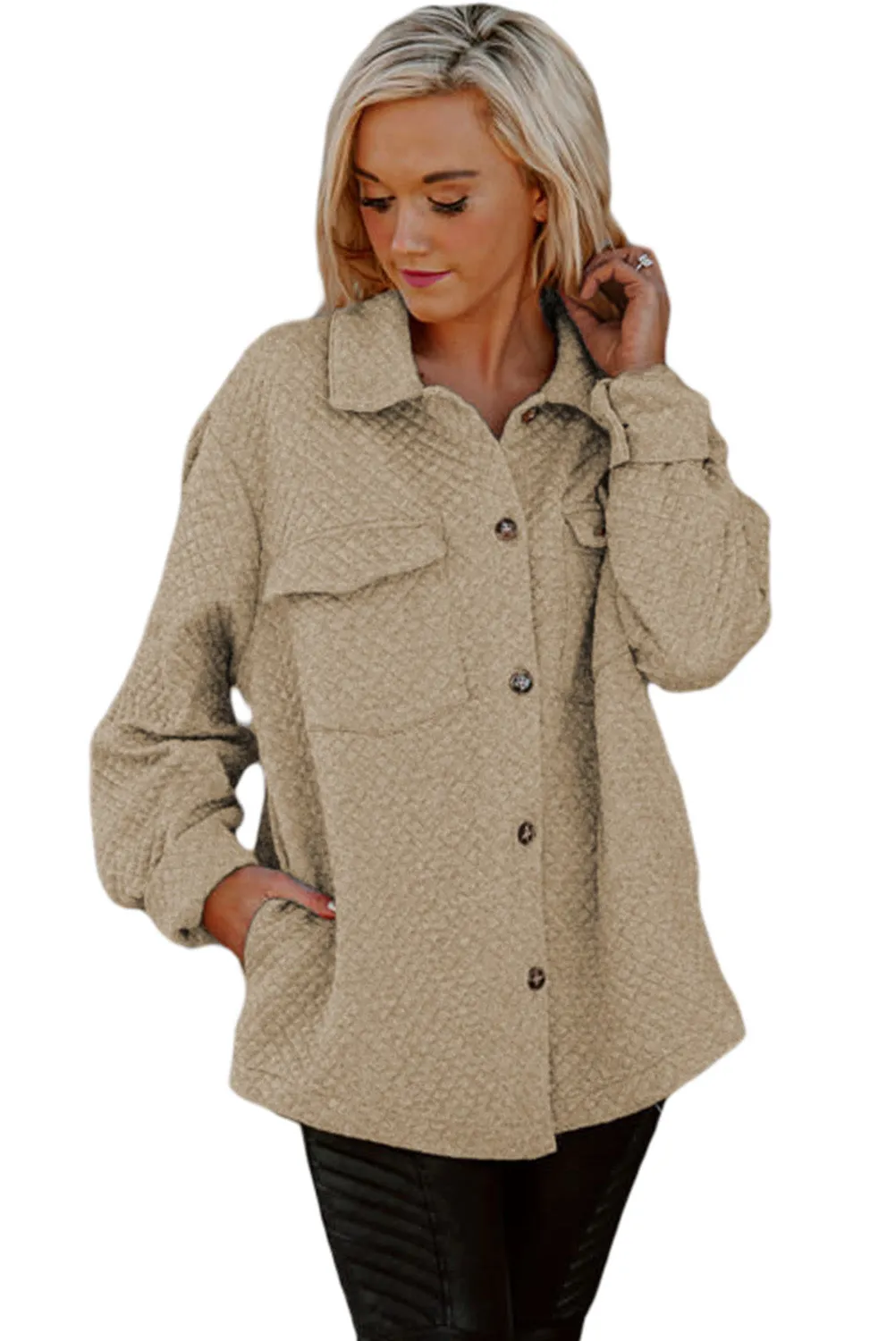 Women's Lattice Texture Retro Flap Pocket Button Shacket