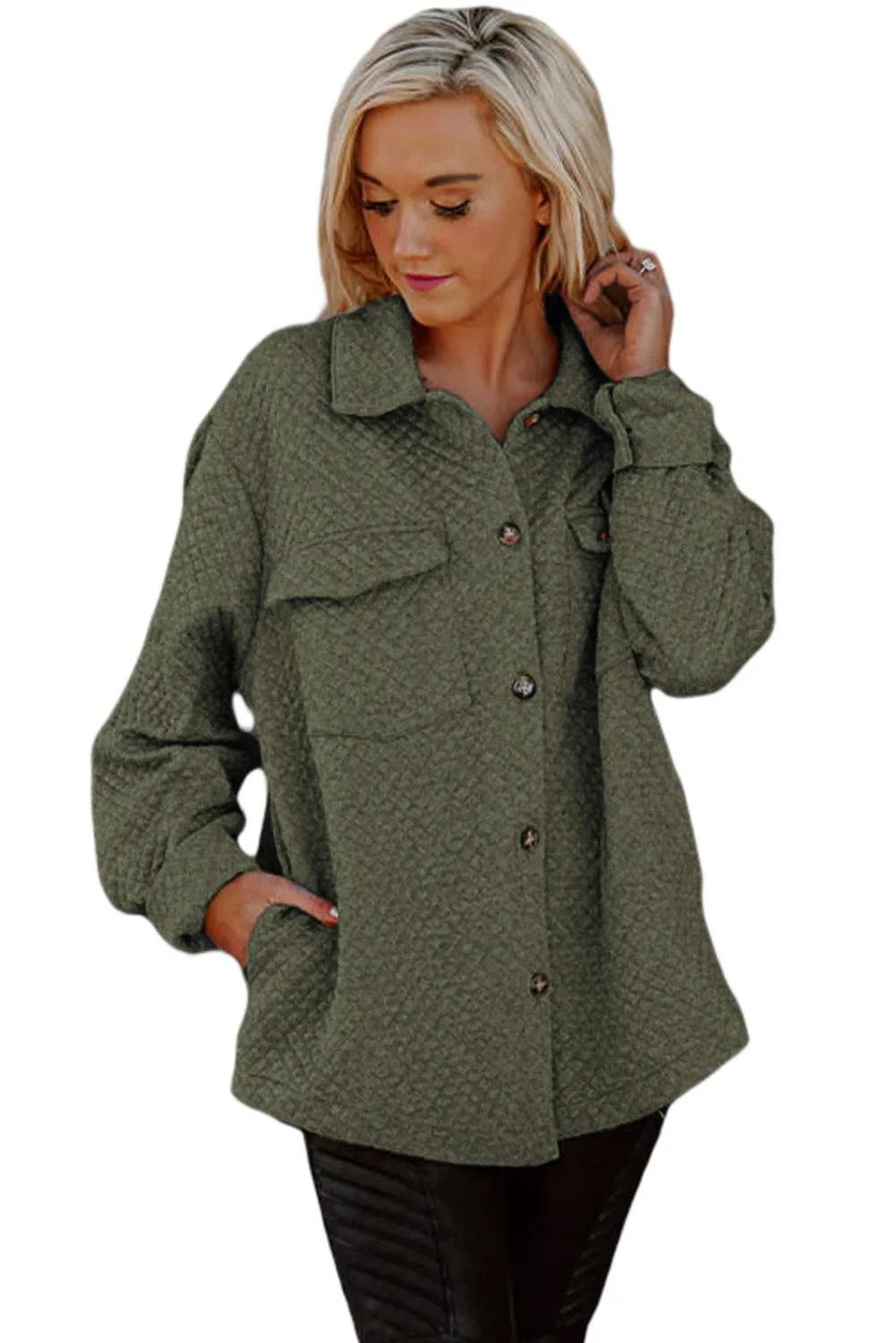 Women's Lattice Texture Retro Flap Pocket Button Shacket