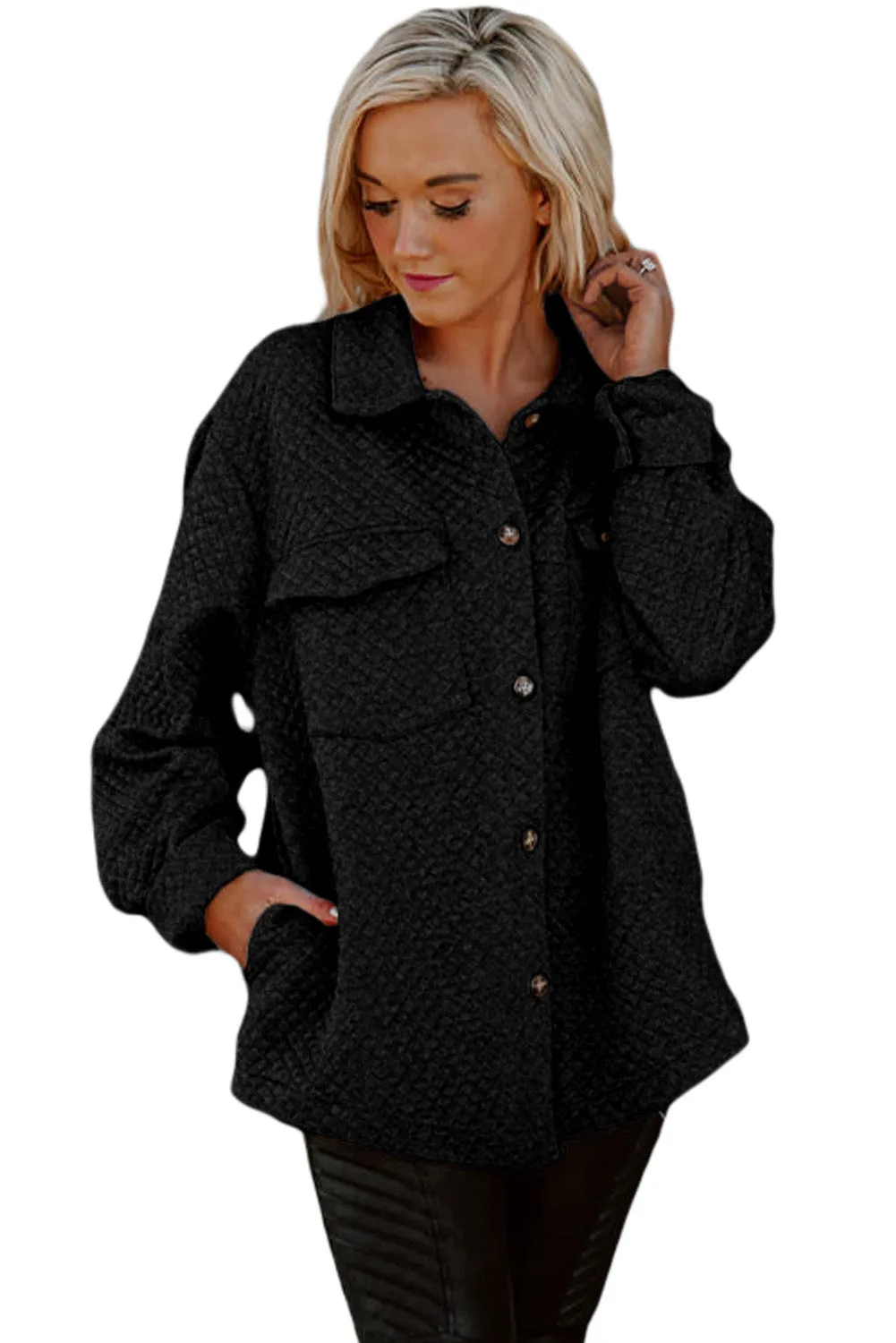 Women's Lattice Texture Retro Flap Pocket Button Shacket