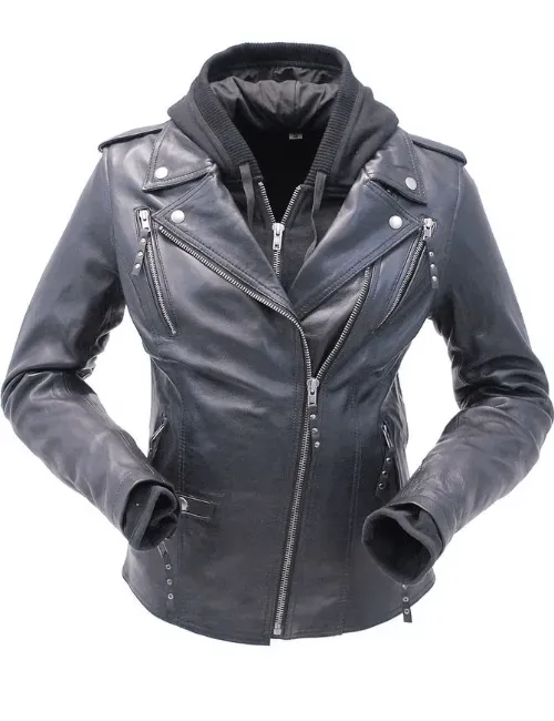 Women's Leather Jacket with Black Hoodie