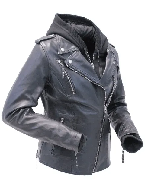 Women's Leather Jacket with Black Hoodie