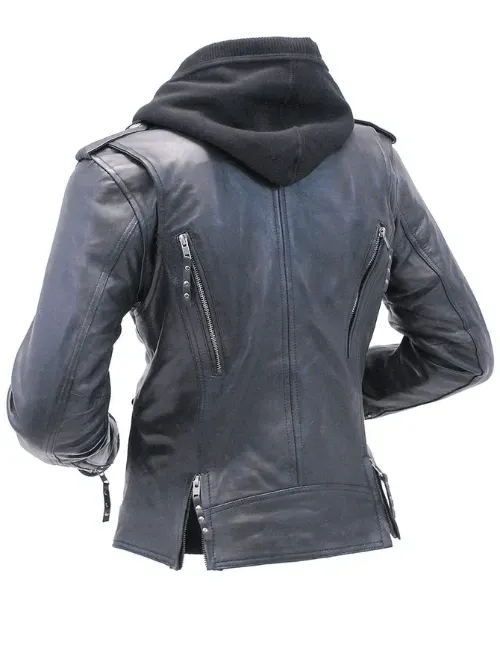 Women's Leather Jacket with Black Hoodie