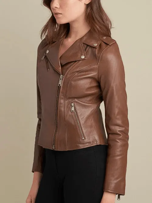 Womens Light Brown Leather Biker Jacket