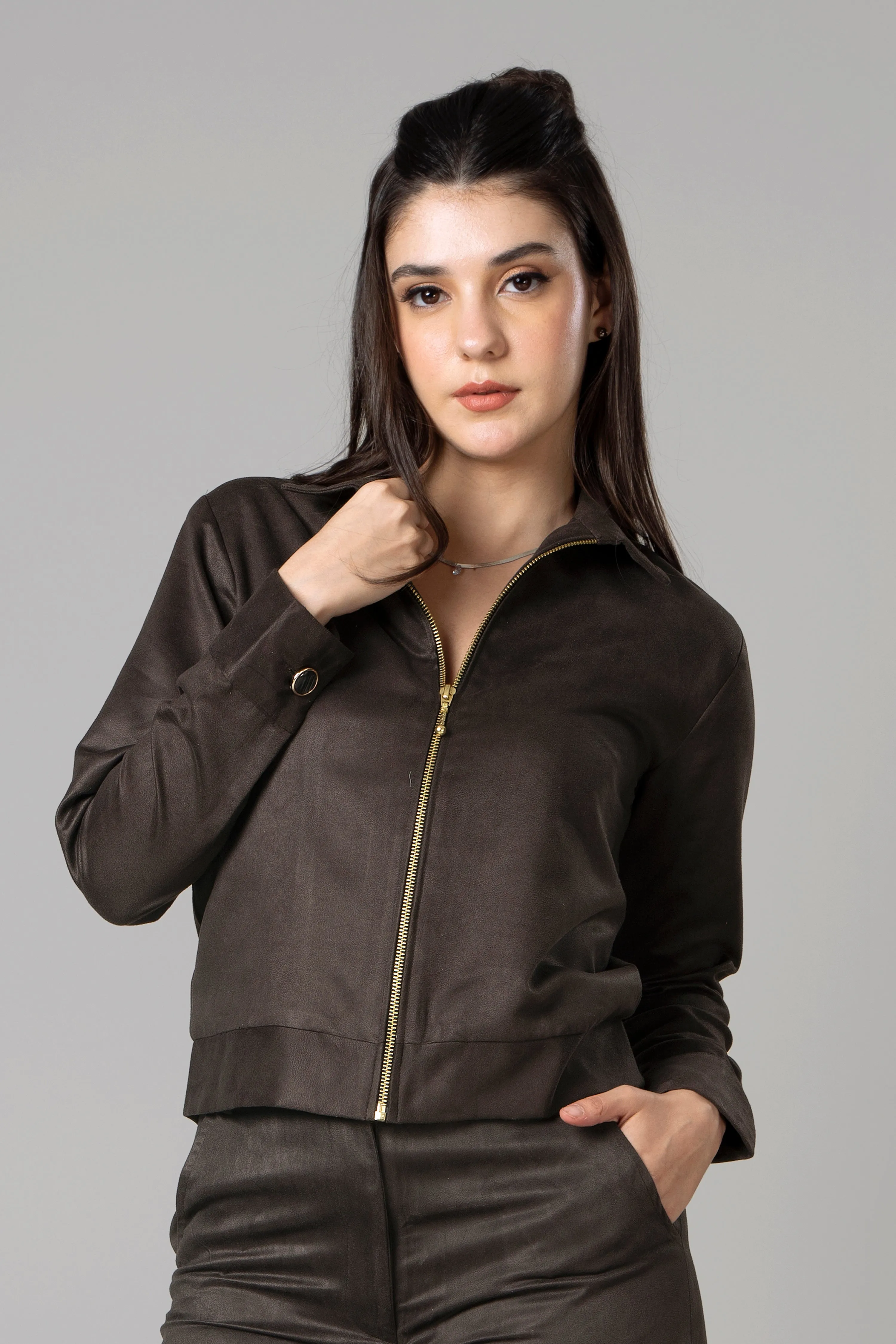 Womens Luxe Brown Suede Jacket