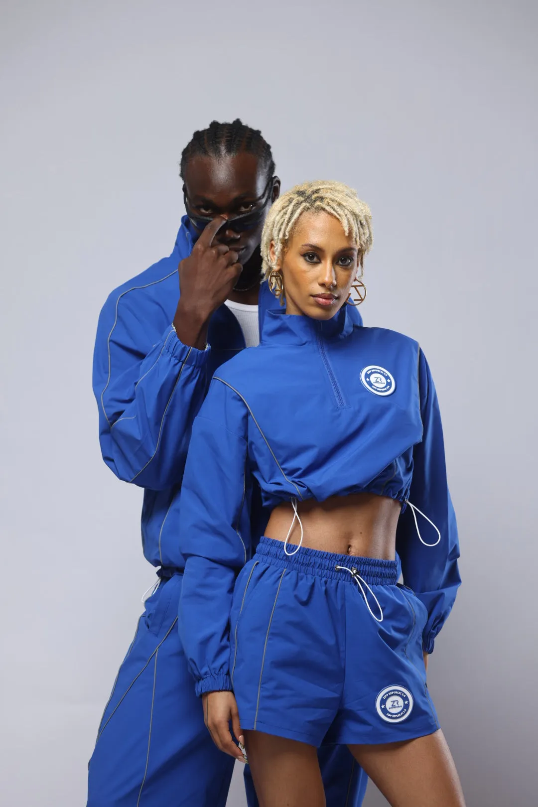 Zipp Crop Windbreaker Polyester Tracksuit 3 Piece Set - Blue